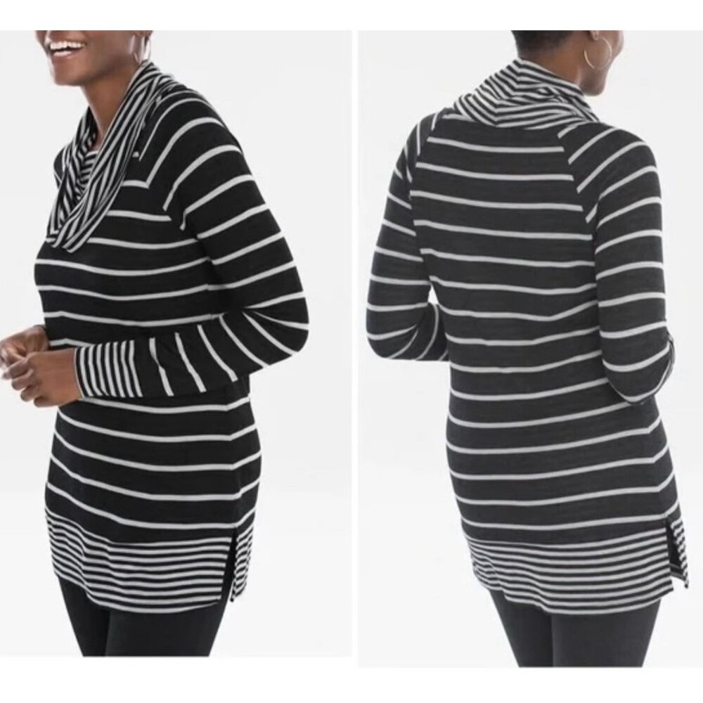 Chico’s 2 Zenergy Striped Top Tunic Cowl Neck Black Size 12/14 Soft Stretch